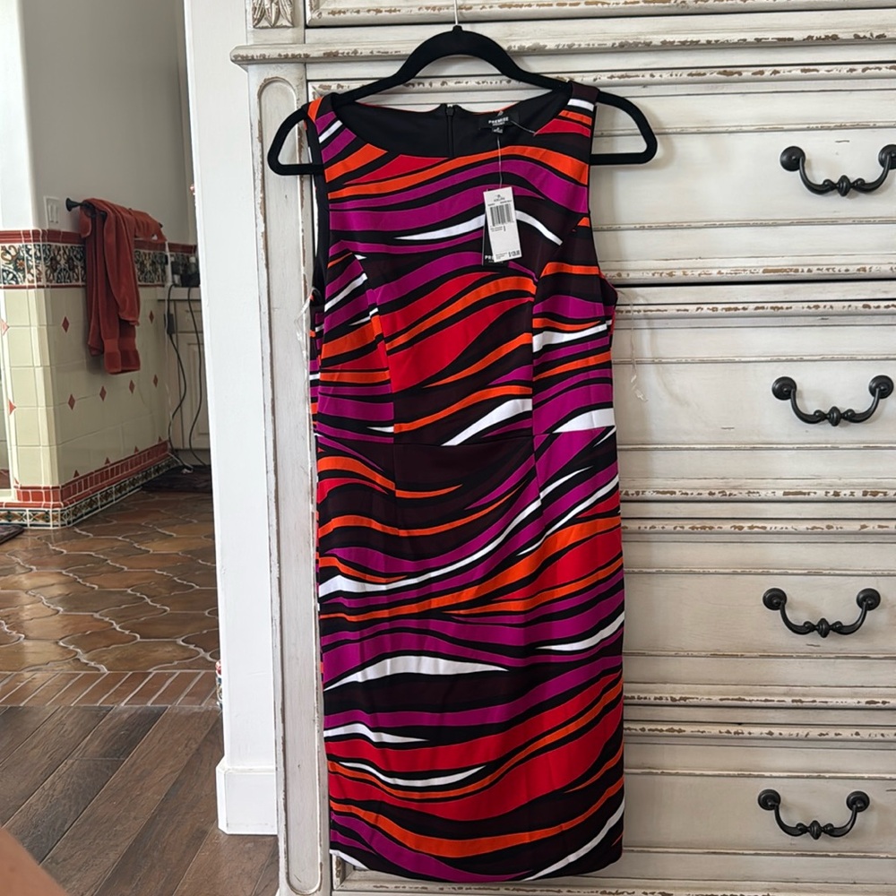 Premise Red/Pink multi sleeveless dress. NWT. Size 8, 95% polyester, 5% spandex